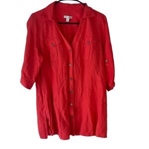 Fashion Bug Women's Size Medium Red Button Up Soft Ramie Blouse‎